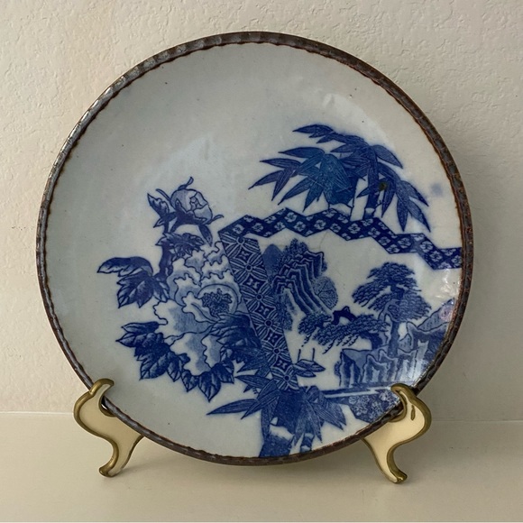 Antique Japanese Porcelain Igezara PlateFlow Blue Brown Scalloped Edge
